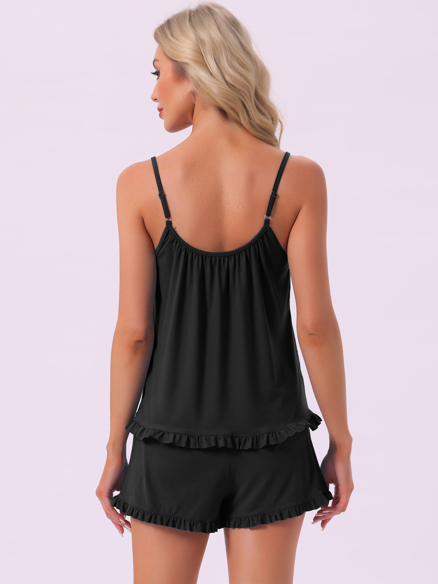 DARING DIVA Women's 2pcs Sleeveless Ruffles Pajama Set M Black