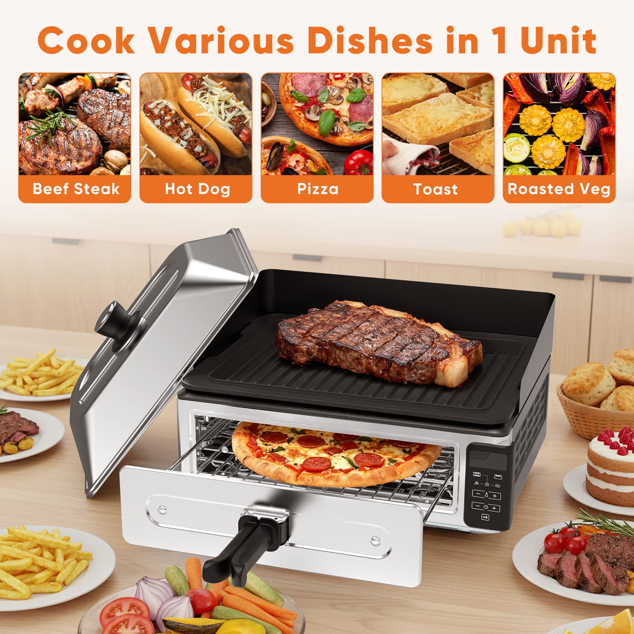 edx Indoor Electric Grill, with Oven and Grill Mode Non-Stick Grill, Easy to Clean, Suitable for Grilling, Roasting and Frying