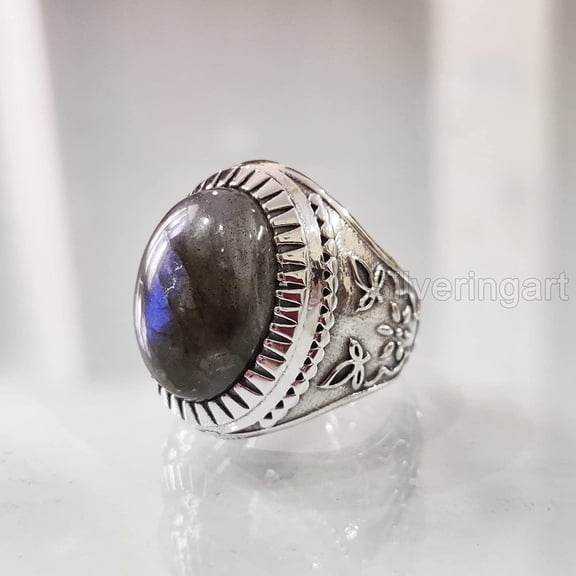 Labradorite Mans Ring, Natural Blue Fire Labradorite, Unisex Ring, Silver Jewelry, 925 Silver Ring, Birthday Gift, Heavy Men Ring, Arabic Design, Ottoman Style Ring, Christmas, Turkey Mens Signet Ring
