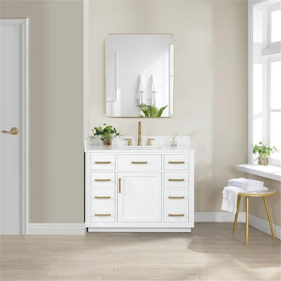 Gavino 42" Wood Vanity in White with Composite Stone Top with Mirror