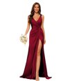 thumbnail image 3 of Vestidos de dama de honor con cuello en V y cintura fruncida de satén plisado vestido de fiesta formal YMS277, 3 of 5