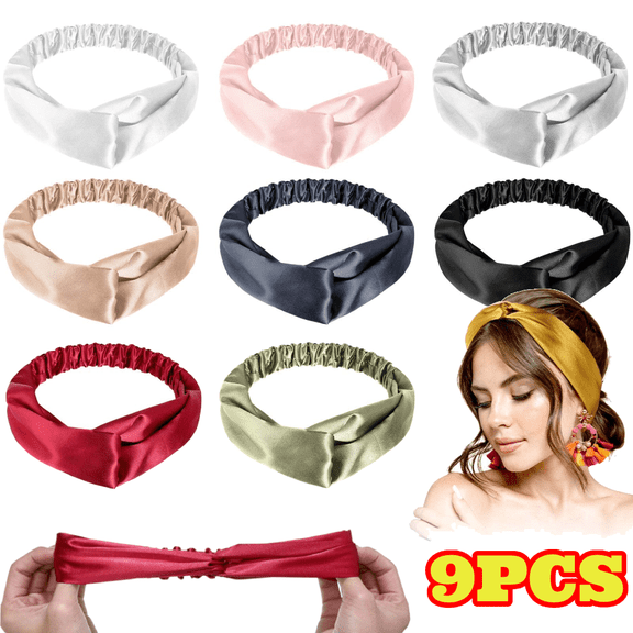 9pcs Elastic Headbands, Adjustable Satin Headbands Twisted Turban for Face Washing, Hair Accessory for Women