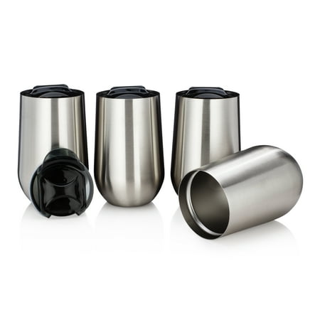 - Insulated Wine Glasses - 15 oz with Lids - Set of 4 - Double Walled Stainless Steel Wine Glasses - Stemless