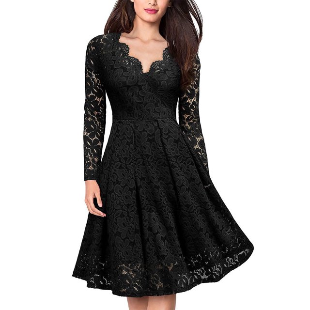 Txlixc Vestido floral de encaje femenino, falda de manga larga sólida con cuello en forma de V y cintura alta Txlixc moda