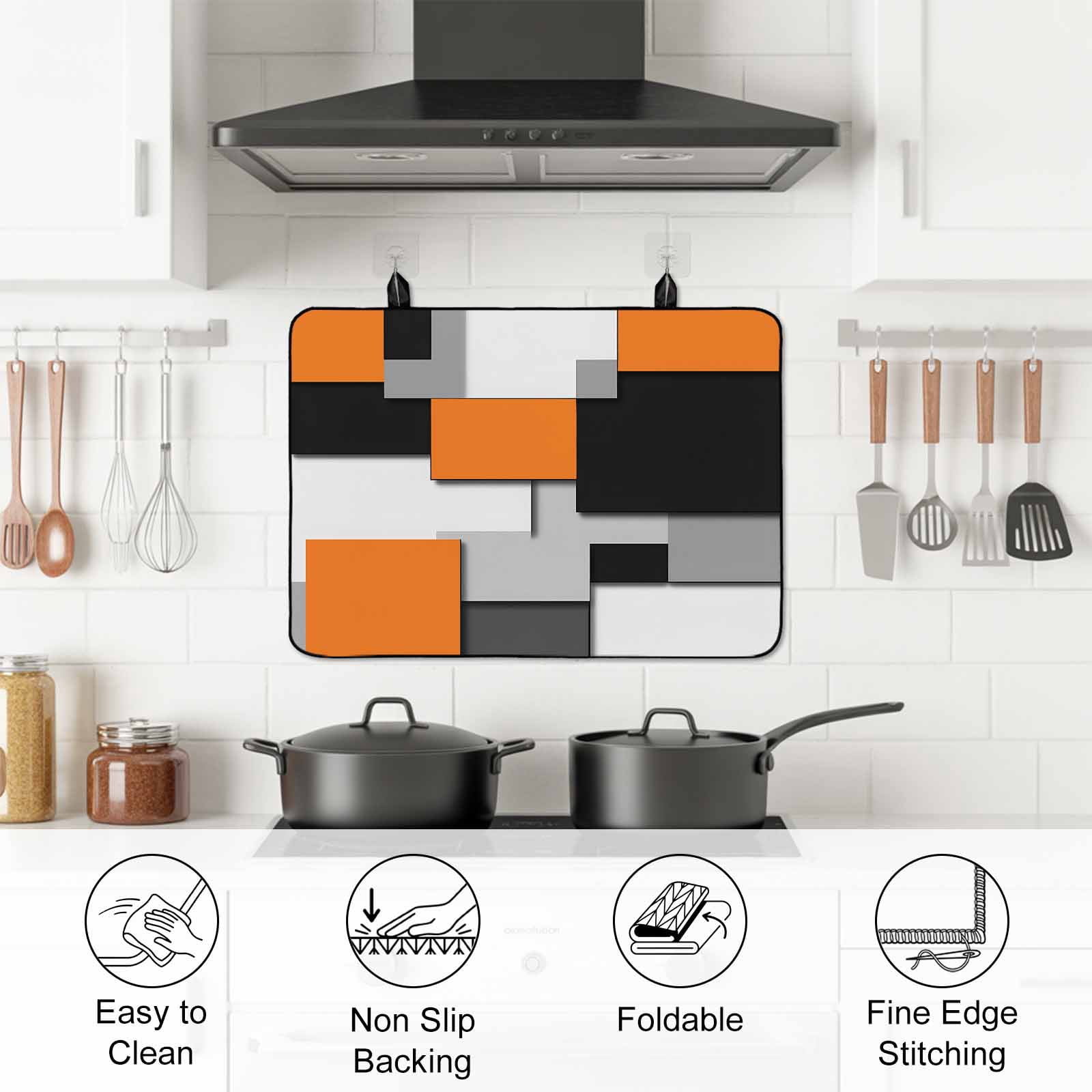 Orange Grey Black Geometric Stove Top Cover for Electric Stove, Heat-proof & Non Slip Glass Top Stove Cover Protector, Modern Abstract Art Kitchen Flat Cooktop Rubber Mat 31x24 Inches