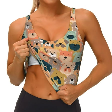 Qokaie Colorful Dogs Pattern Womens Scoop Neck Sports Bra Breathable Workout Vest Padded U Back Medium Impact Fitness Gym Yoga Bra Workout Crop Top
