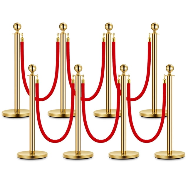 BeesClover Gold Stanchion Post Queue,38 Inch Stanchion Posts Queue with 5 ft Red Velvet Rope,Ropes Safety Barriers Set,Crowd Control Barriers Queue Line Rope for Theater Party Museums