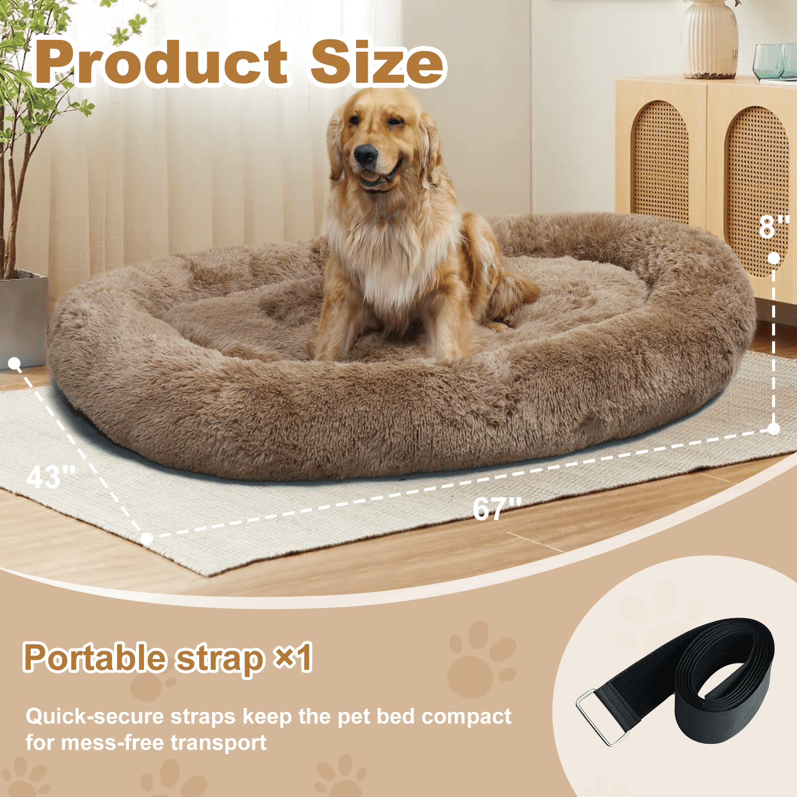 Extra Large 67" X 43" X 8" Orthopedic Pet Bed For Humans And Dogs, Plush High-Loft Mattress With Removable Handles & Non-Slip Bottom - Brown