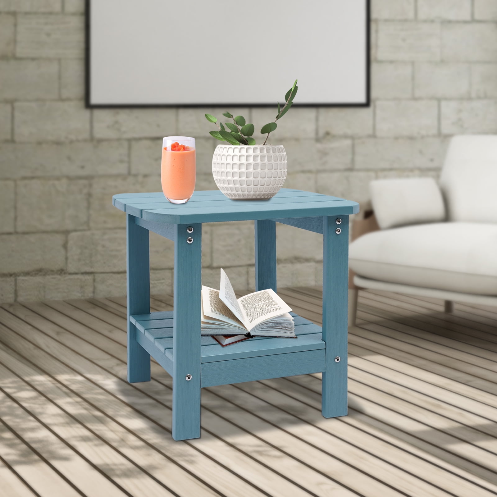Small Casual Outdoor Wood Side Table Rectangle 2Tier Garden End Table