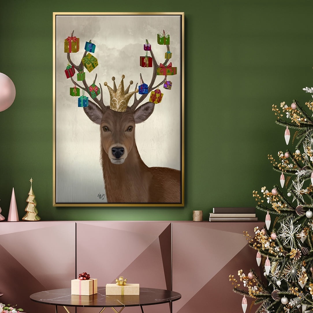Christmas Gift Bearing Deer - Framed Gallery Wrapped Holiday Canvas - 25 x 37 - Gold Frame