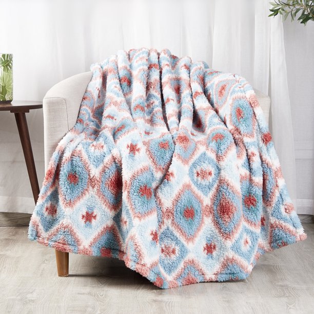 Mainstays Sherpa Throw Blanket, 50" x 60", Blue Aztec