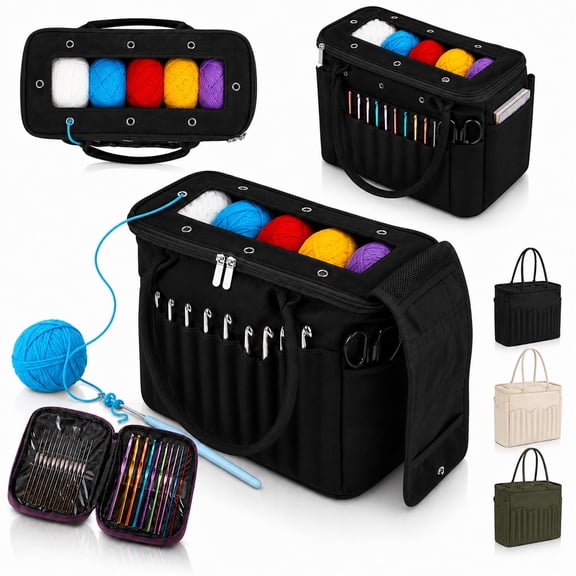 Canvas Yarn Storage Bag, Knitting Bag, Large Crochet Bag | Canvas Crochet Organizer with Multiple Pockets and Yarn Holes for Crochet Lovers, Mom, Grandma, Birthday Gifts