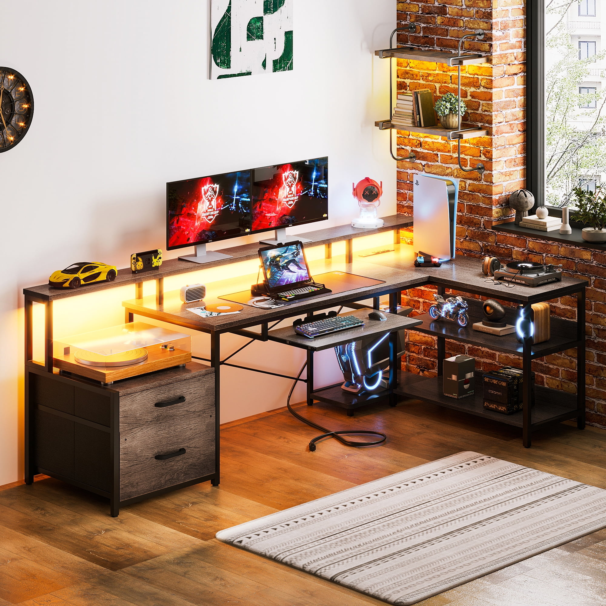 66 inch L-Shaped Gaming Desk with LED Lights & Power Outlets, Corner Computer Desk with 2 Drawers & Storage Shelves, Reversible Workstation for Home Office, Gray