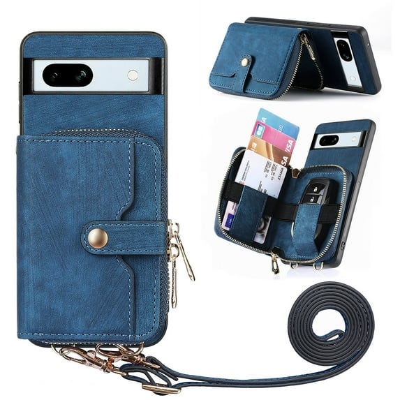 Wallet Case for Google Pixel 7a, Adjustable Detachable Crossbody Zipper Purse Case with Card Holder & Kickstand, PU Leather Flip Folio Case for Google Pixel 7a, Blue
