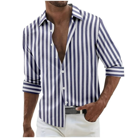 ZUKMRJPC Men's Striped Print Shirts Long Sleeve Button Down Lightweight Breathable Linen Shirt Casual Lapel Business Work Tops