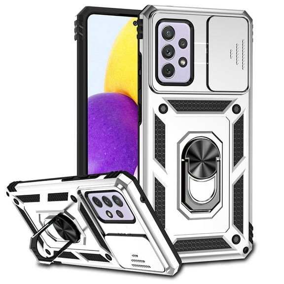 Heavy Duty Armor Case for Samsung Galaxy A52 5G, Rugged PC Soft TPU Military Grade Shockproof Metal Magnetic Car Mount Shockproof Cover with Camera Lens Sliding Ring Holder Bracket Case,Silver