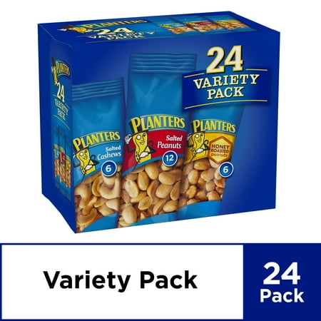 Planters Nut 24 Count-Variety Pack, Salted Peanuts, Honey Roasted Peanuts & Salted Cashews Ready-to-Go Sleeves, 40.5 oz Multi-Pack