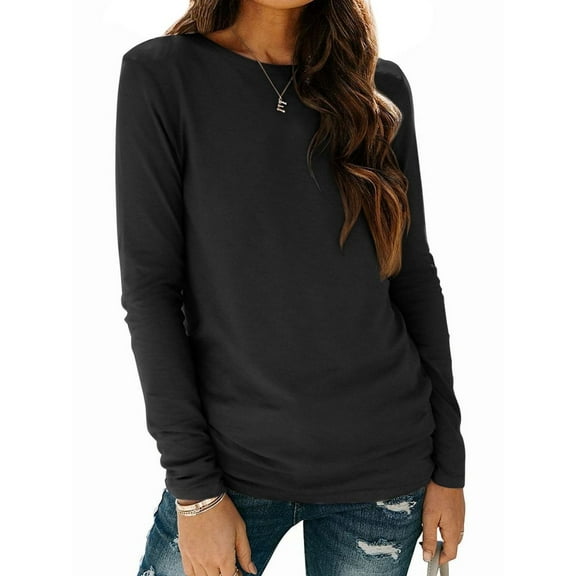 Womens Long Sleeve Tops Casual Basics Fall Shirts Solid Crewneck T-Shirt