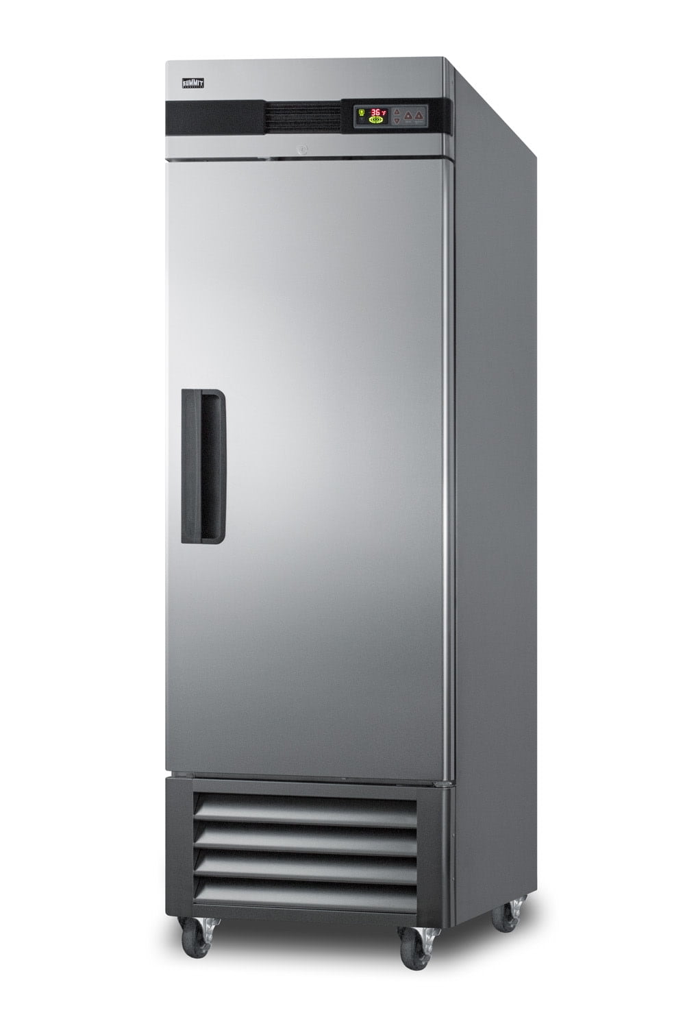 Commercially approved 23 cu.ft. reach-in refrigerator in complete stainless steel, left hand door swing