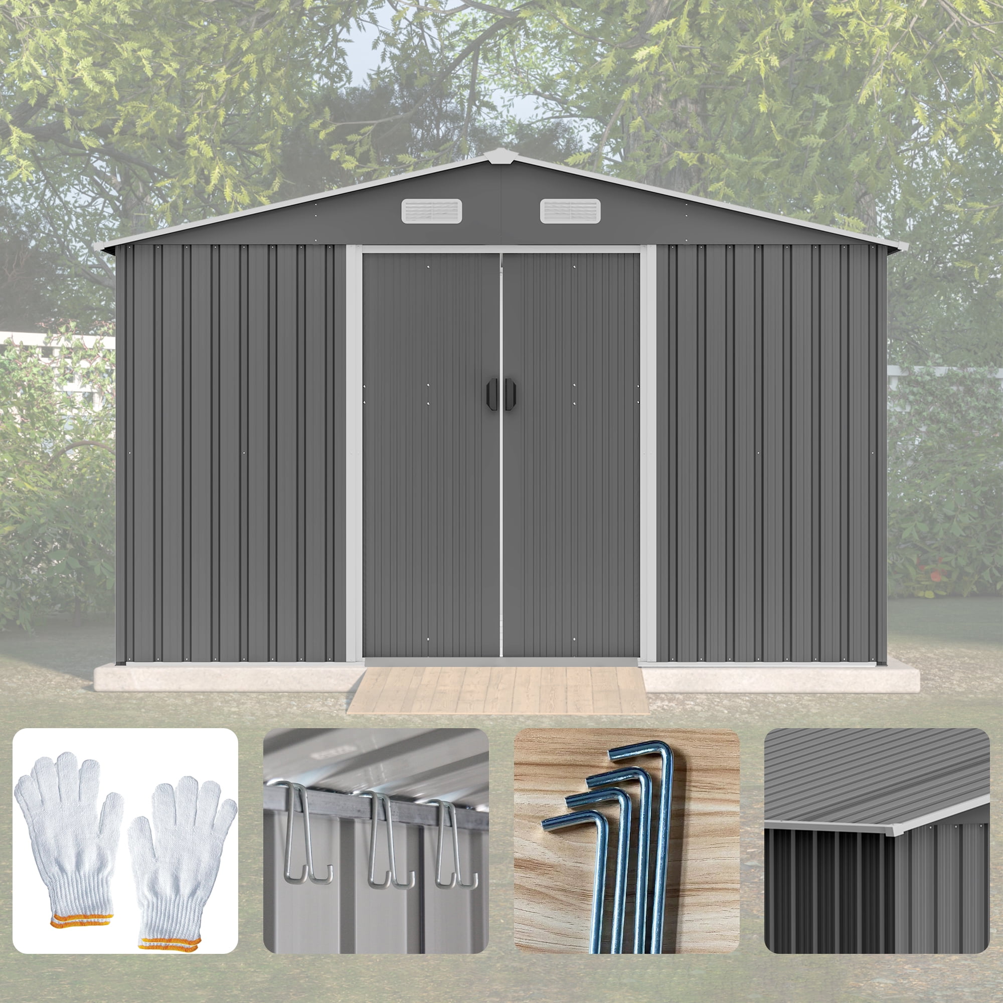 MAYEERTY 10x8FT Outdoor Storage Shed, All-Weather Metal Tool Shed with Lockable Doors & Ventilated, for Bikes & Lawn Equipment