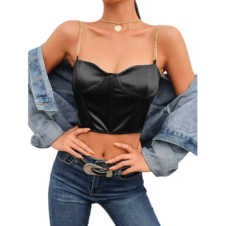 

JBEELATE Women s Sexy Corset Crop Top Chain Spaghetti Straps Push Up Bustier Tank Bra Top Party Clubwear