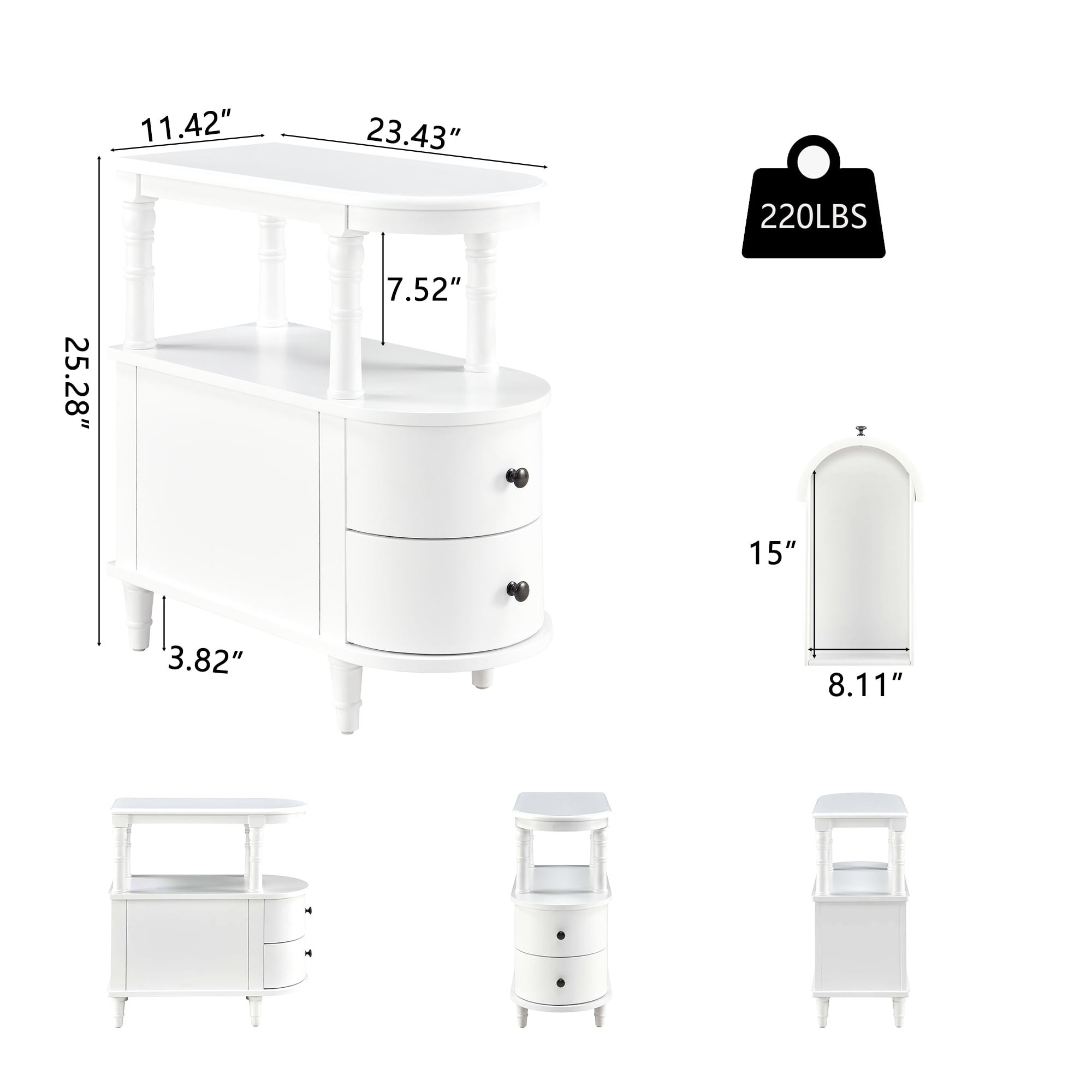Solid Wood End Table with 2 Drawers, Narrow Sofa Side Table Slim Chair Side Table with Storage Shelf, Vintage Slim Nightstand Bedside Table (White)