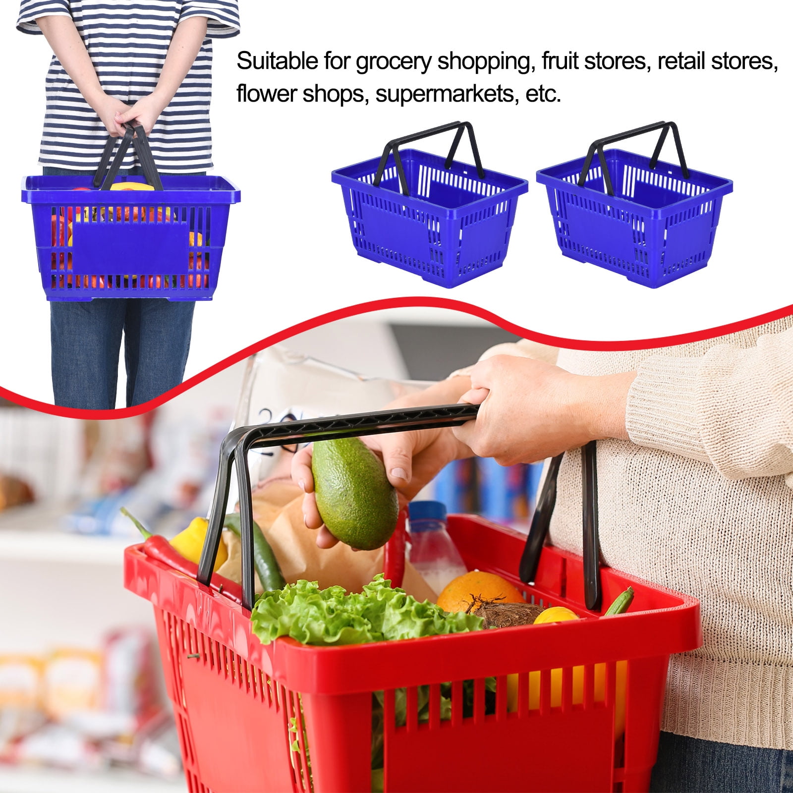 Unique Bargains 12 Pcs Shopping Baskets with Handles Plastic Hand Basket for Retail Stores Supermarket Blue