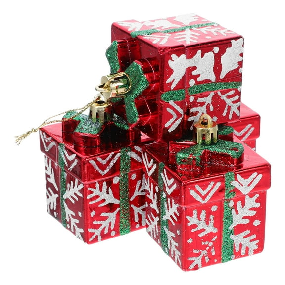 SEWCHICS 4-Pack Red Glitter Box Ornaments Plastic Xmas Tree Decorations for Holiday Hanging