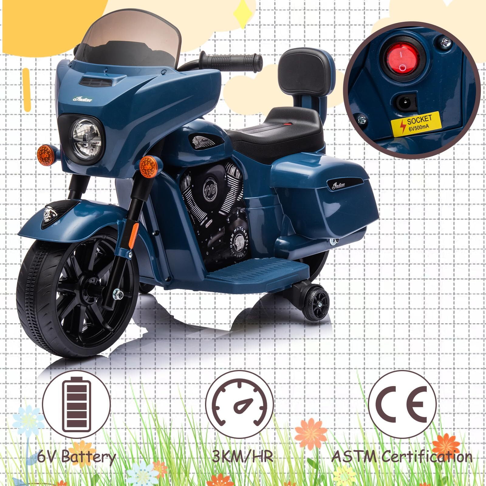Kids Ride On Motorcycle, Licensed Indian 6V Ride on Toy Electric Motorcycle with USB, AUX，Music and Headlight for Toddler Boys and Girls