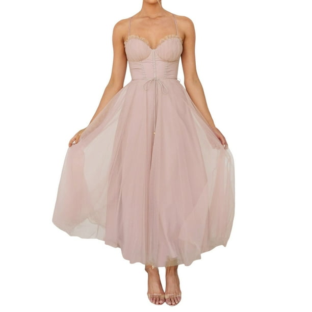 Vestido de noche sexy de malla con tirantes para mujer - Vestido de fiesta formal con cintura alta - Estilo europeo americano