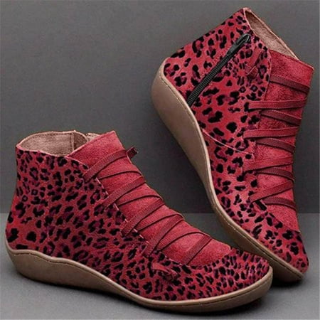 

TALKVE Toe Lace Up Round Casual Leopard Zipper Print Side Fashion Women s Boots Flat Women s Boots
