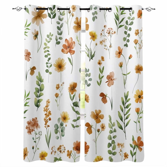 Yellow Spring Floral Black Out Curtains 63 Inch Long, Room Darkening Draperies Curtains Panels, Flowers Leaves Elegant Pastoral Thermal Insulated Curtain for Bedroom Living Room 52"x63" 2 Panels