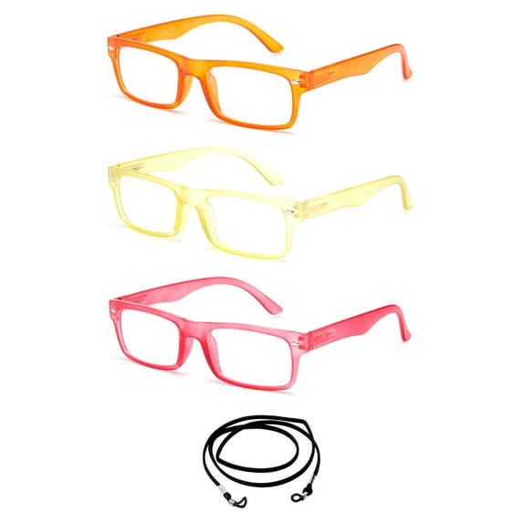 3 Pack Newbee Fashion - "Glimpse" Simple Comfortable Translucent Light Weight Vintage Reading Glasses with Spring Hinges with Lanyard +2.00