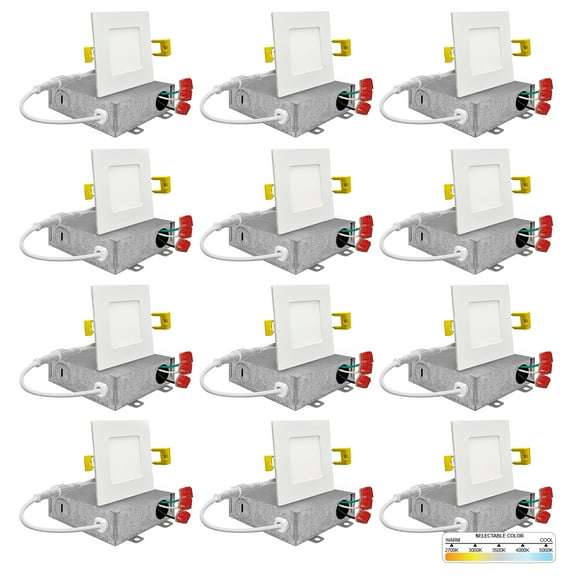 NuWatt 3'' Square Time Ultra Slim Selectable CCT New Construction LED Canless Recessed Light 12Pack