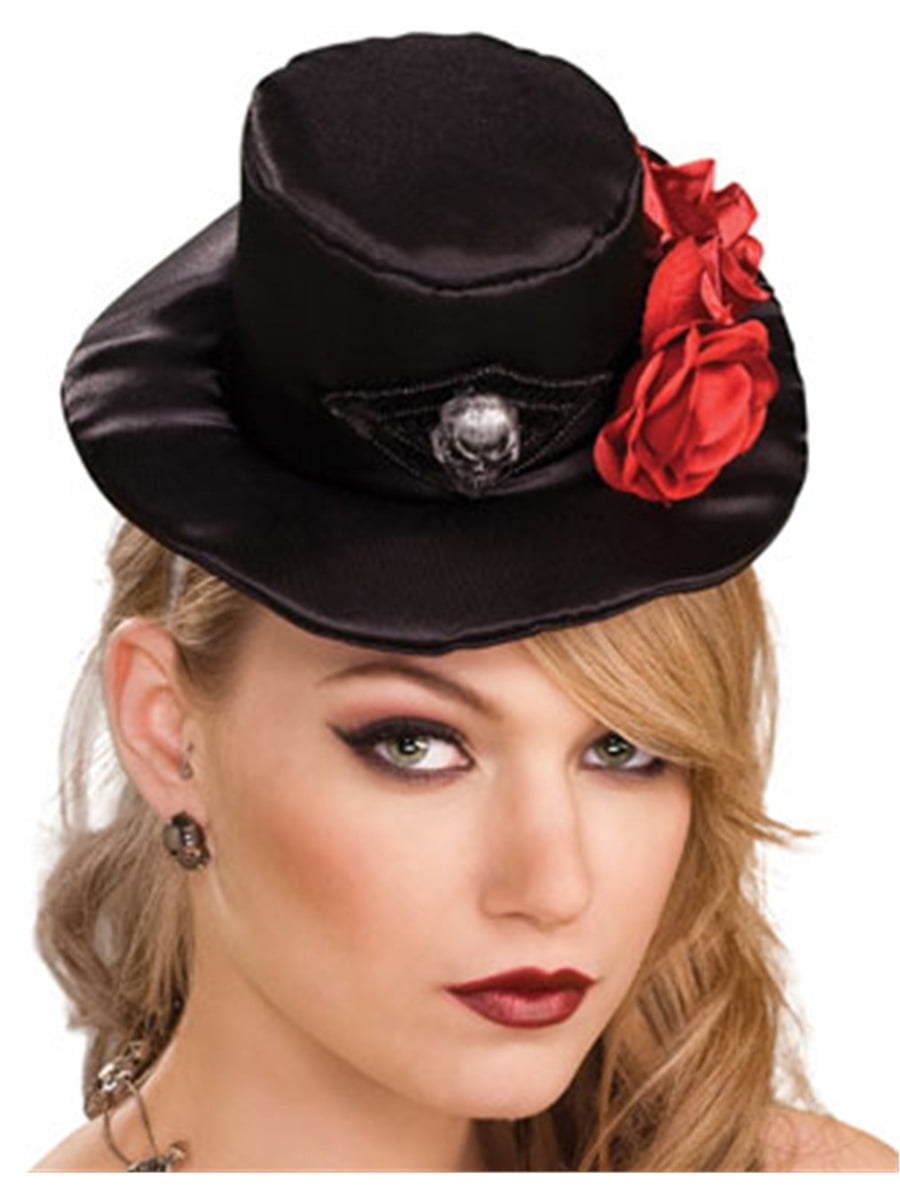 women's black mini top hat with skull pendant and roses