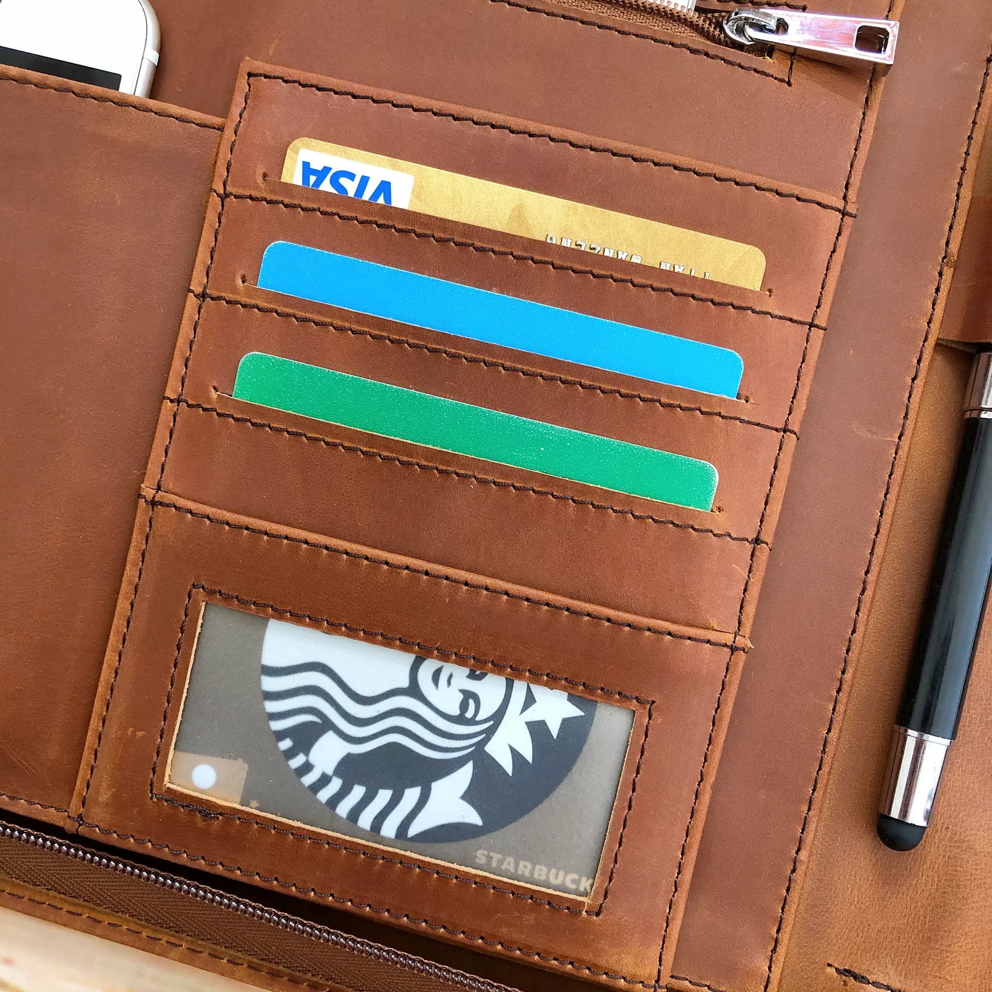 Business 3 Ring Check Binder, Genuine Leather Check Book Portfolio for 3 Holes or 9 Holes Checks, Check Book Binder for 11 1/4"x9", Crazy Horse Leather (Brown)