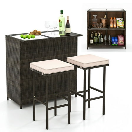 Spaco 3 Pcs Patio Bar Set with Tempered Glass Tabletop, Patio Furniture, Outdoor Furniture for Backyard-Brown