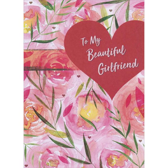 Designer Greetings Red Heart with White Lettering: Pink, Peach and Yellow Floral Watercolor Background Valentine's Day Card for Girlfriend