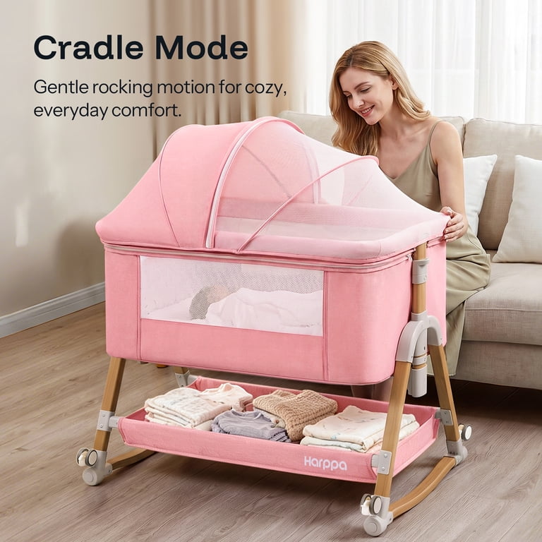 HARPPA 3 in 1 Baby Bassinet, Bedside Sleeper, Cradle, Pink, 0-6