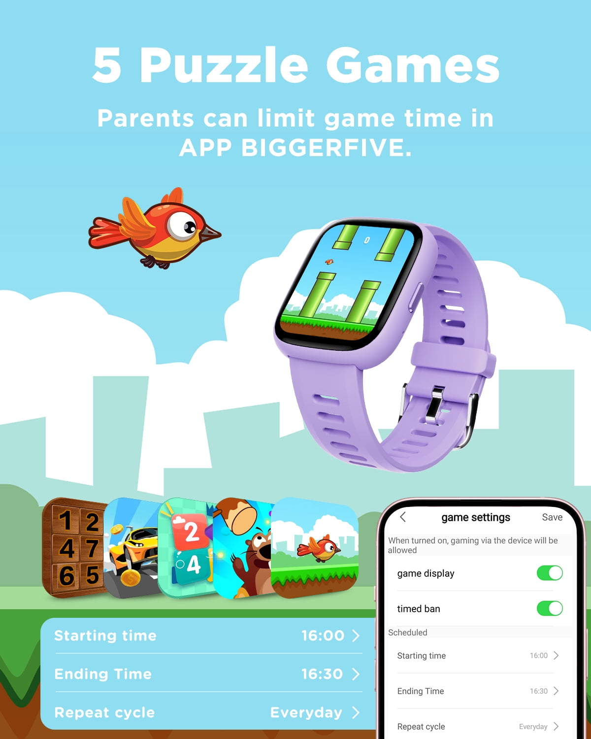 BIGGERFIVE Smart Watch for Kids, 1.8" Fitness Tracker Watch Pedometer, IP68 Waterproof, Sleep Monitor, Calorie Step Counter, 5 Puzzle Games with/Without APP for Girls Teens 5-16