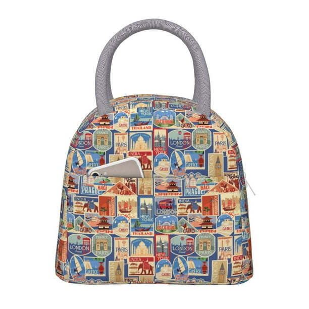 Fotbe Set Of Travel Vintage Bolsa de Almuerzo con Estampado, Lonchera Aislada, Contenedor de Comida Reutilizable Tipo Cooler a Prueba de Fugas