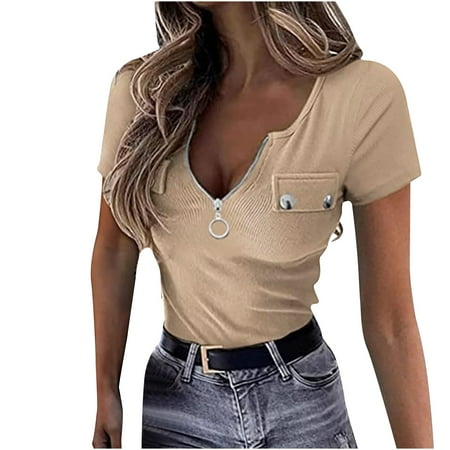 

Slim Fitted Tops for Women Summer Short Sleeve V-Neck Zipper Sexy Corset Tops Ribbed Soft Casual Club T Shirts Blouses