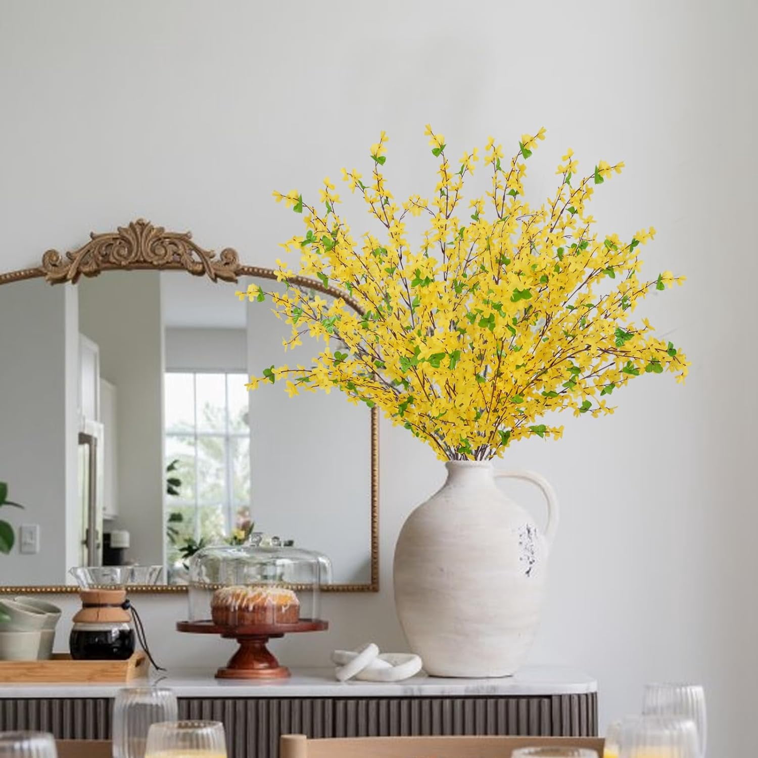Artificial Forsythia Branches Yellow Flowers Faux Silk Forsythia Long Stem Winter Jasmine Stems Spring Flowers Artificial for Decoration Home Table Kitchen Yard Easter Decor 35 Inch