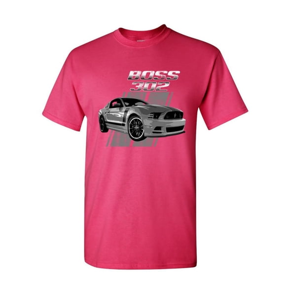 Tee Hunt Ford Mustang Boss 302 T-Shirt 50 Years Anniversary Muscle Car Shirt, Hot Pink, Large
