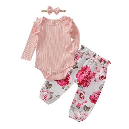 

BSDHBS 2 Piece Outfits Baby Girls Long Sleeve Ribbed Romper Tops Flower Print Pants with Headbands Outfit Set Clothes 3PCS
