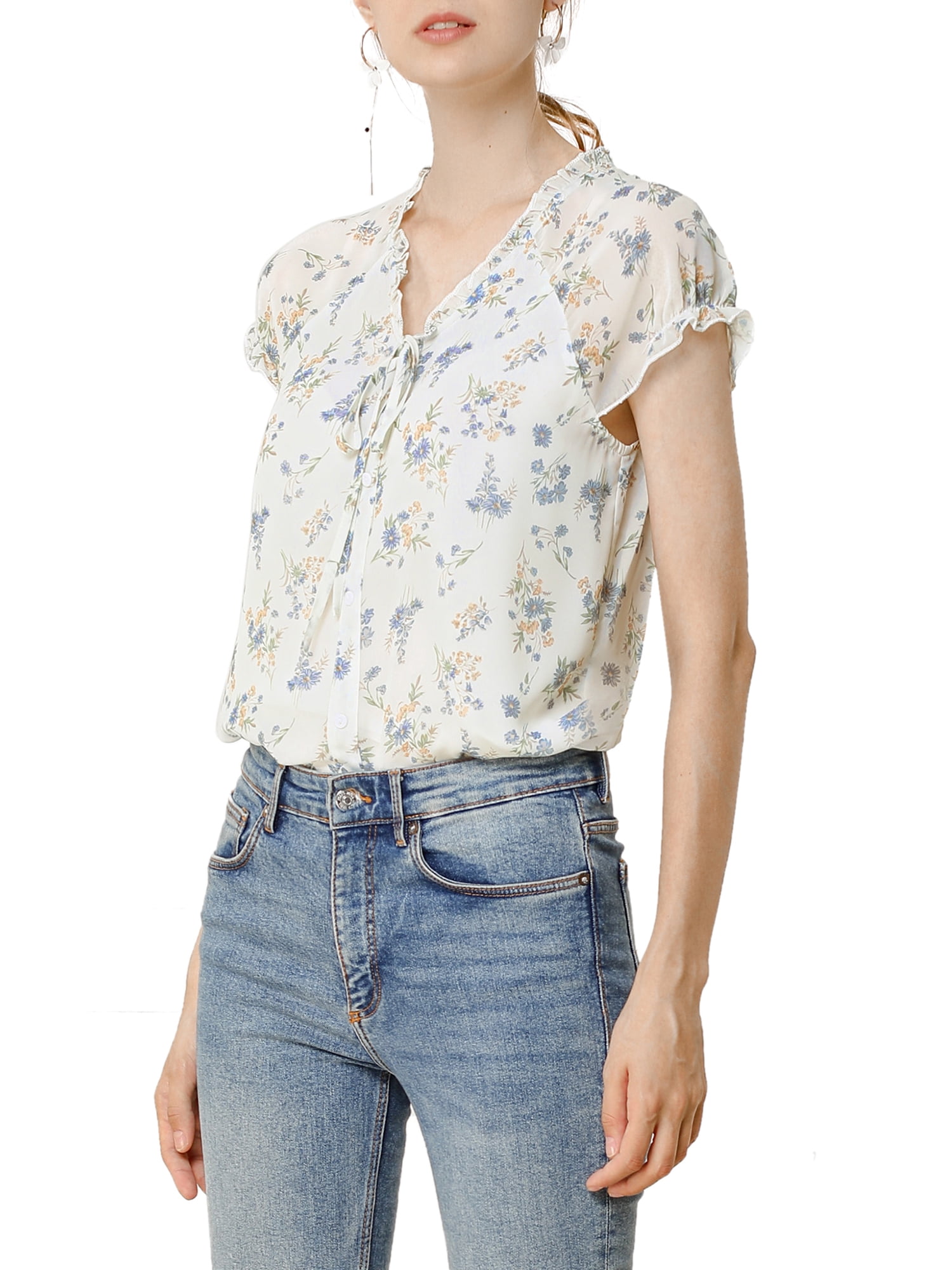 DARING DIVA Women's Ruffle V Neck Cap Sleeve Chiffon Floral Blouse Top XS White Purple