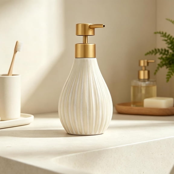 Hand Soap Dispenser Beige Ceramic Soap Dispensers with Gold Pump 10Oz for Kitchen Bathroom Sink Countertop Boho Home Decor