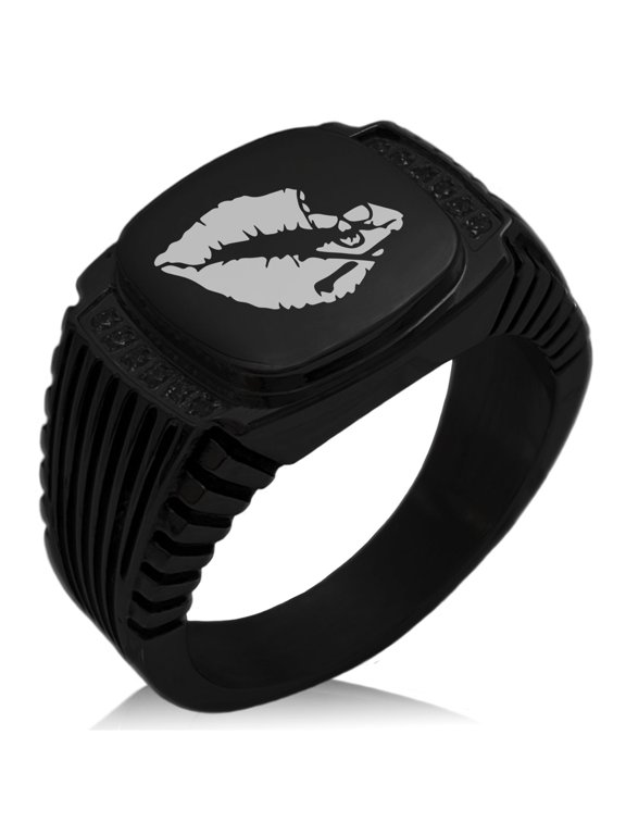 Stainless Steel Skull & Crossbones Kiss of Death CZ Ribbed Needle Stripe Pattern Biker Style Polished Ring