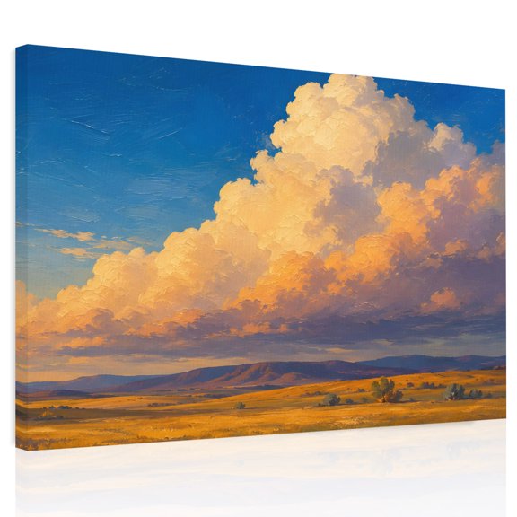 Cumulus Cloud Canvas Print Wall Art Rustic Country Golden Field Mountain Range Landscape Wall Decor Modern Artwork Paintings Pictures for Living Room Stretched Ready to Hang - 16" x 20"