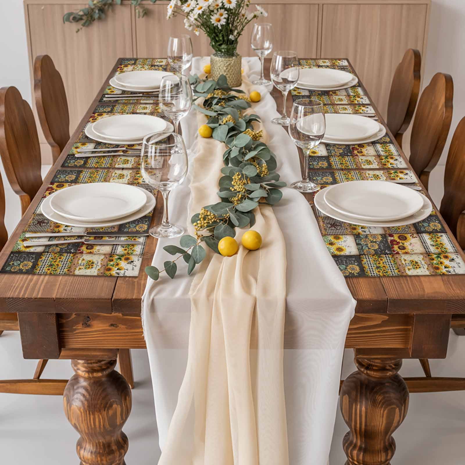 Sunflowers Placemats Set of 4, Farmhouse Vintage Western Texas Star Plaid Placemats for Dining Table, Place Mats for Kitchen Tabletop, Waterproof Wipeable Dining Table Mats Set